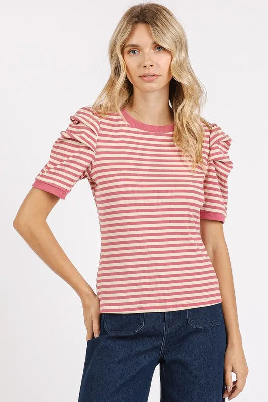 Mittoshop Striped Round Neck Puff Sleeve T-Shirt - Brittney MADE
