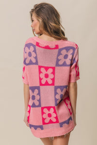 BiBi Flower Checker Pattern Short Sleeve Sweater - Brittney MADE