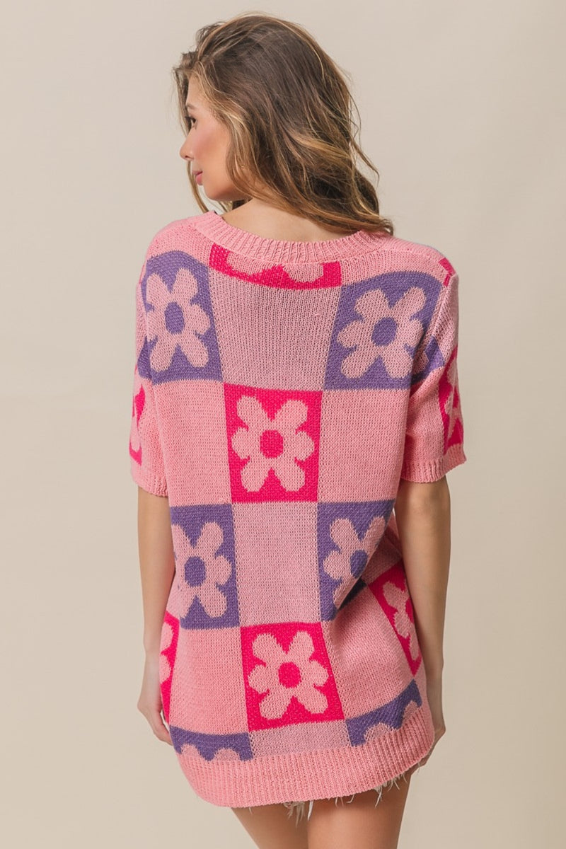 BiBi Flower Checker Pattern Short Sleeve Sweater - Brittney MADE