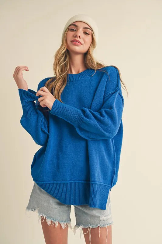 Aemi+Co Ribbed Hem Side Slit Round Neck Sweater - Brittney MADE