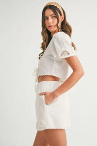 MABLE Crochet Lace Detail Crop Top and Shorts Set - Brittney MADE
