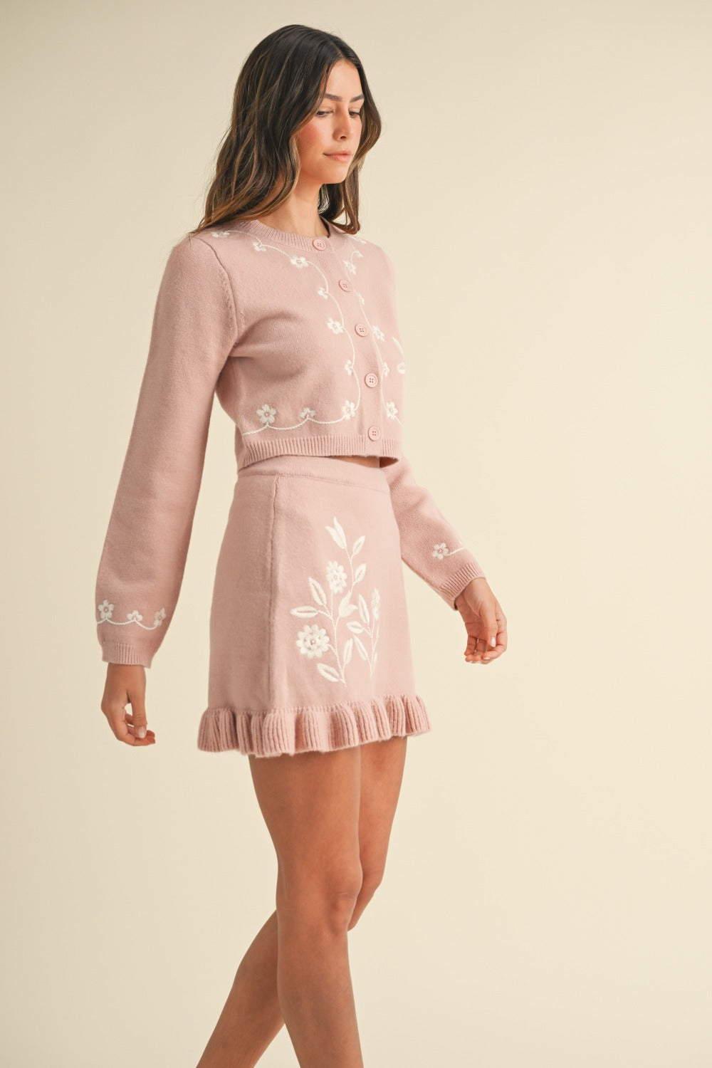 MABLE Floral Embroidered Crop Cardigan and Ruffled Mini Skirt Set - Brittney MADE