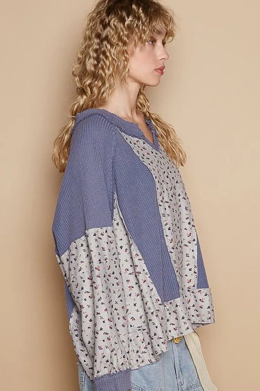 POL Waffle Knit Floral Notched Long Sleeve Top - Brittney MADE