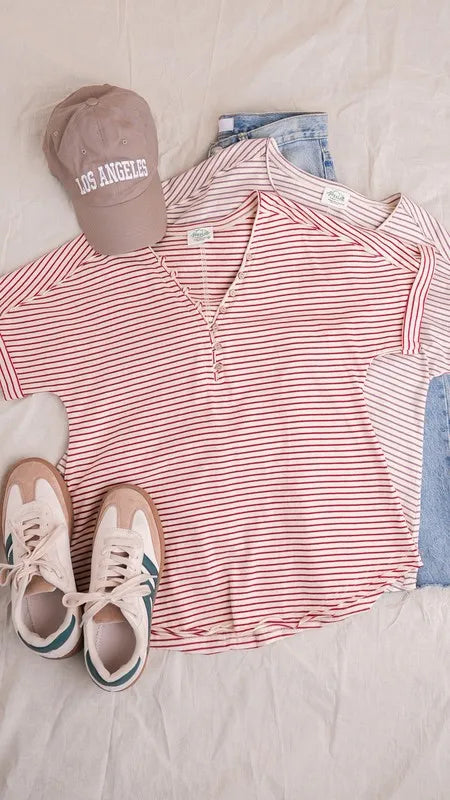 VERY J Striped V-Neck Short Sleeve T-Shirt - Brittney MADE
