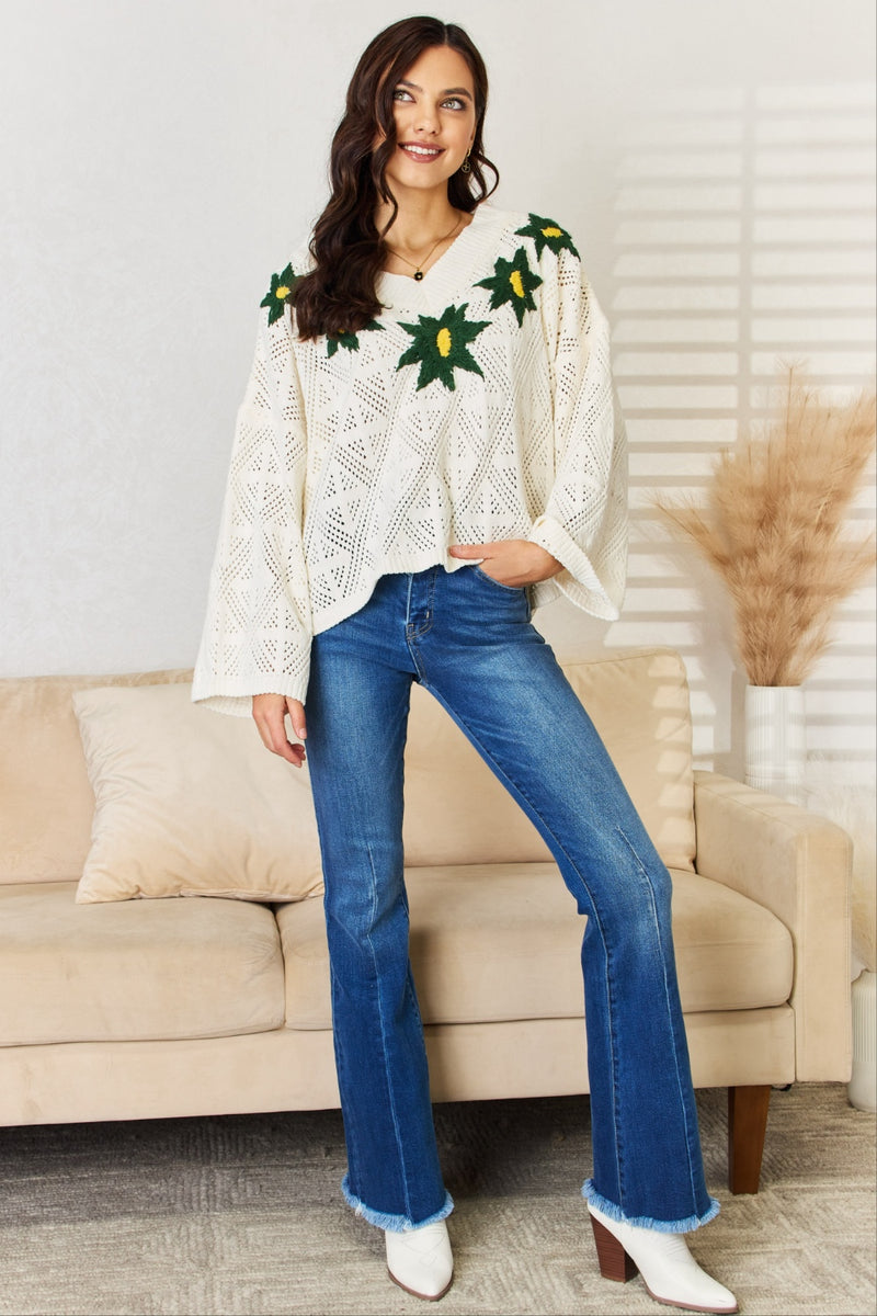 POL Floral Embroidered Pattern V-Neck Sweater - Brittney MADE