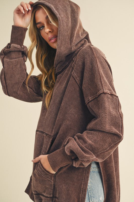 Aemi + Co Exposed Seam Side Slit Hoodie with Kangaroo Pocket - Brittney MADE