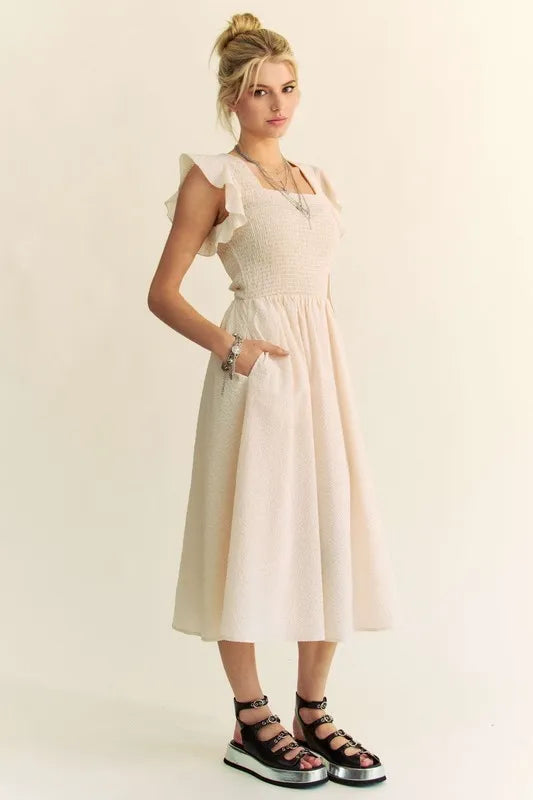 Davi & Dani Ruffled Cap Sleeve Smocked Midi Dress - Brittney MADE