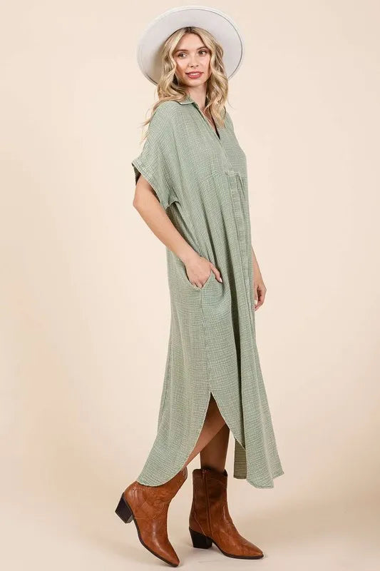 Mittoshop Mineral Wash V Neck Button Up Midi Shirt Dress - Brittney MADE
