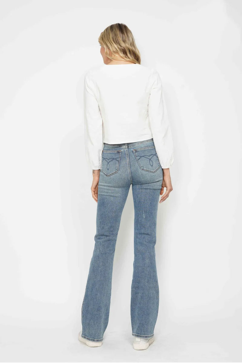 Judy Blue Full Size Tummy Control Back Embroidered Pocketed Bootcut Jeans Plus Size - Brittney MADE