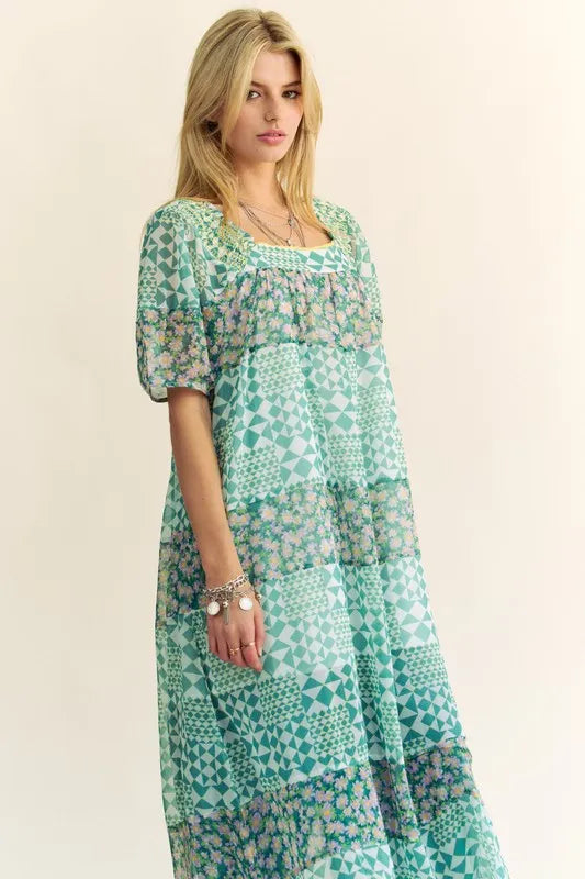 Davi & Dani Multi Floral Square Neck Puff Sleeve Maxi Dress - Brittney MADE