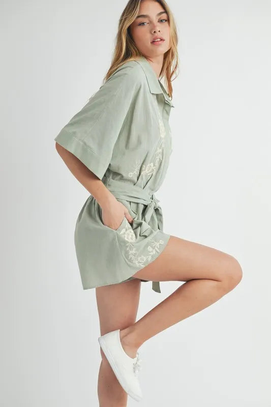 MABLE Embroidered Button Down Collared Neck Romper - Brittney MADE
