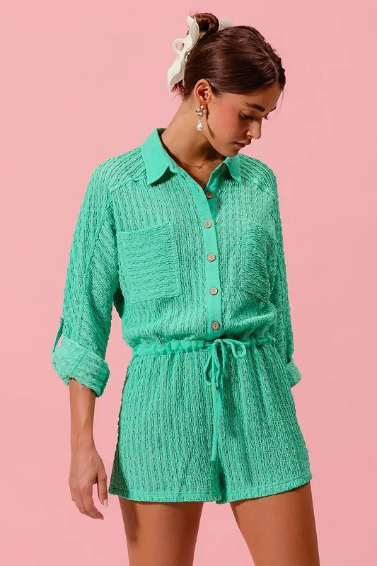 SO ME Textured Knit Button Front Romper - Brittney MADE