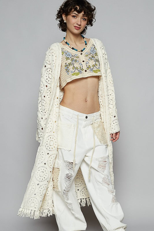 POL Crochet Fringe Open Front Longline Cardigan - Brittney MADE