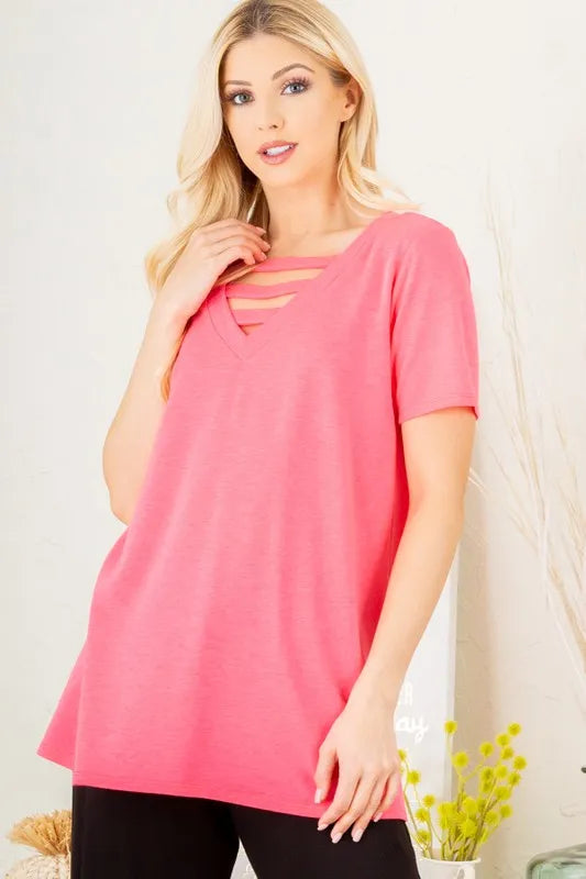 Heimish Full Size V-Neck Short Sleeve T-Shirt with Bar Detail Plus Size - Brittney MADE