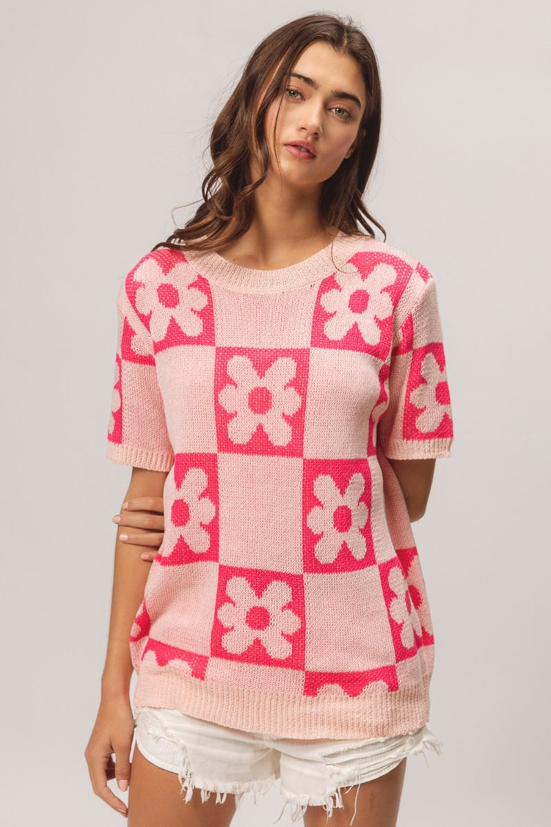 BiBi Flower Checker Pattern Short Sleeve Sweater - Brittney MADE