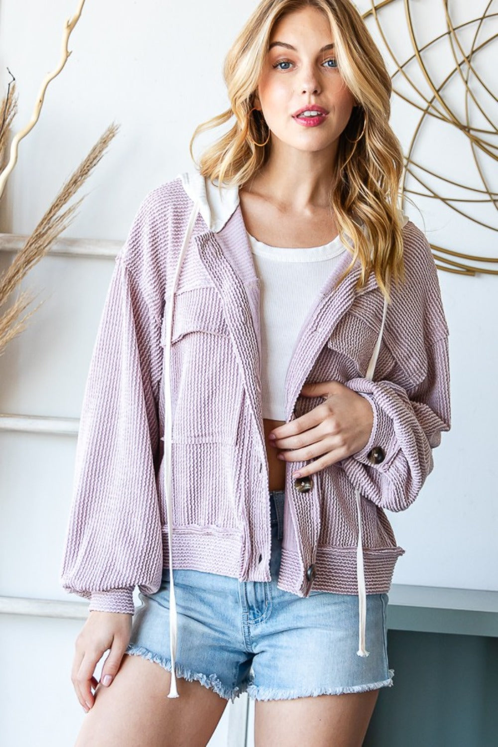 Reborn J Contrast Hooded Button Down Ribbed Jacket - Brittney MADE