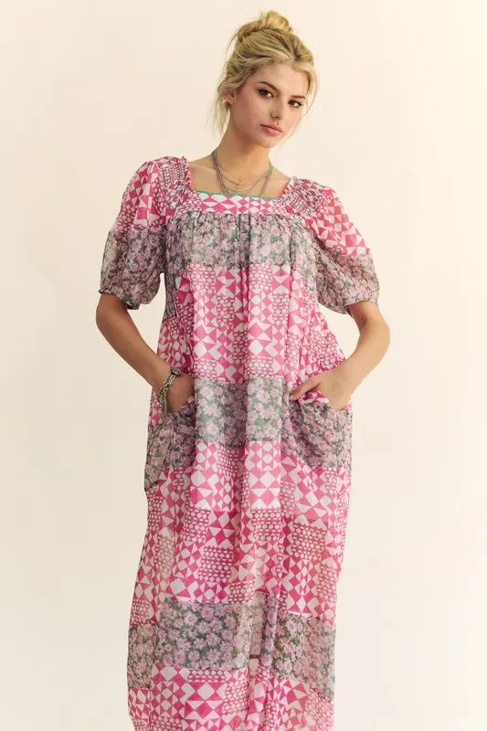 Davi & Dani Multi Floral Square Neck Puff Sleeve Maxi Dress - Brittney MADE