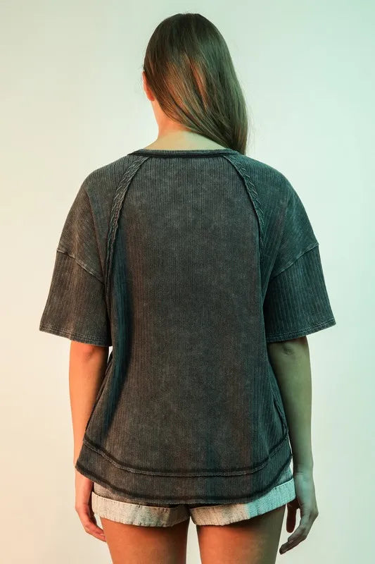 VERY J Plus Size Mineral Washed Ribbed Knit Casual Top - Brittney MADE
