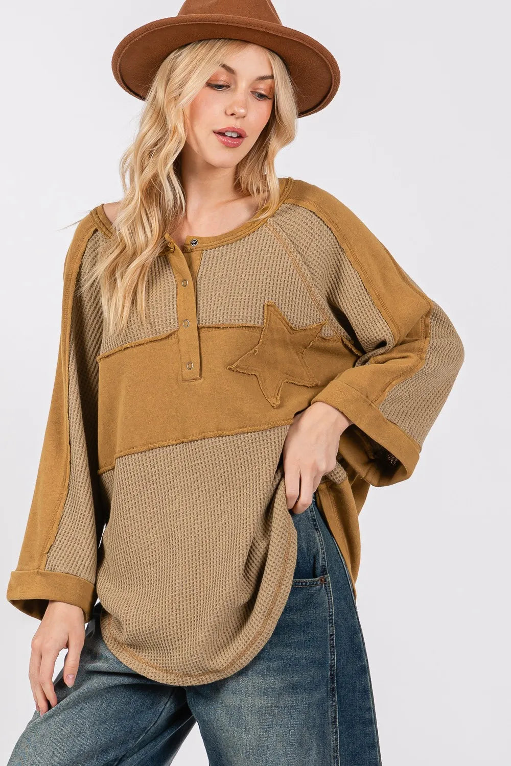 SAGE + FIG Star Applique Patch Exposed Seam Waffle Knit Top - Brittney MADE