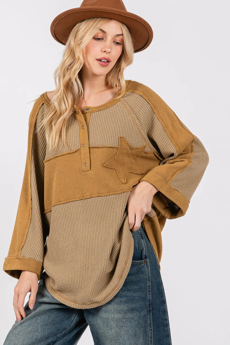 SAGE + FIG Star Applique Patch Exposed Seam Waffle Knit Top - Brittney MADE