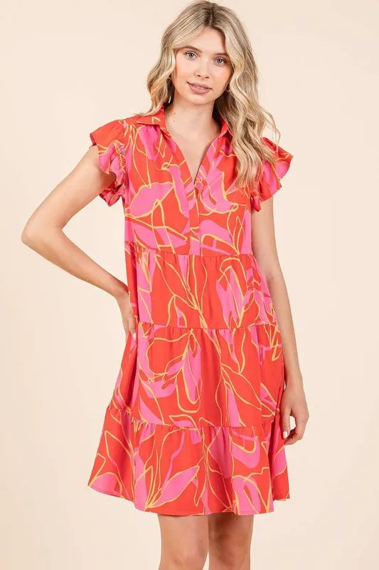 Mittoshop Leaf Print Ruffle Sleeve Tiered Mini Dress - Brittney MADE