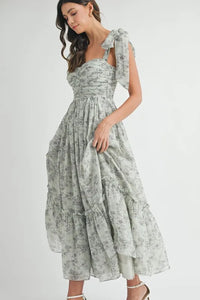 MABLE Floral Bust Ruched Midi Dress with Shoulder Tie - Brittney MADE
