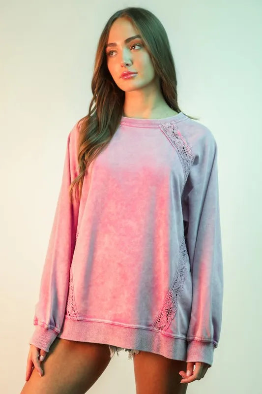 VERY J Plus Size Lace Trim Detail Mineral Washed Knit Top - Brittney MADE