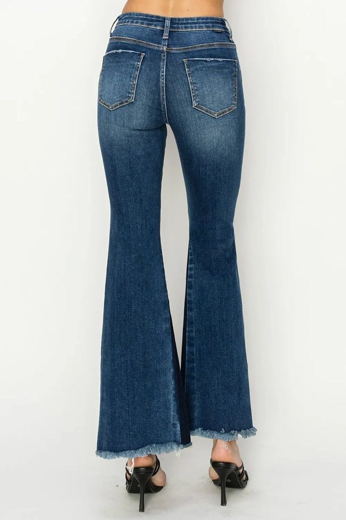 RISEN Full Size High Rise Side Shadow Seam Detail Slit Flare Jeans - Brittney MADE