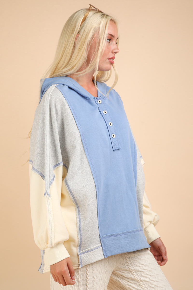 VERY J Exposed Seam Color Block Half Button Hoodie - Brittney MADE