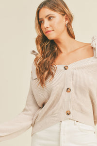MABLE Off Shoulder Self Tie Strap Button Down Sweater - Brittney MADE