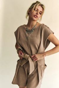 Davi & Dani Acid-Washed Waffle Knit Cuffed Sleeves Romper - Brittney MADE