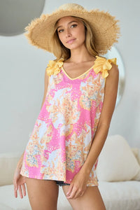 BiBi Printed V Neck Ruffled Tank - Brittney MADE
