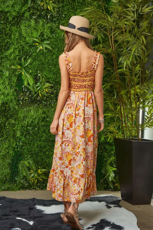 Davi & Dani Multi Smocked Bodice Geo Ruffle Strappy Midi Dress - Brittney MADE