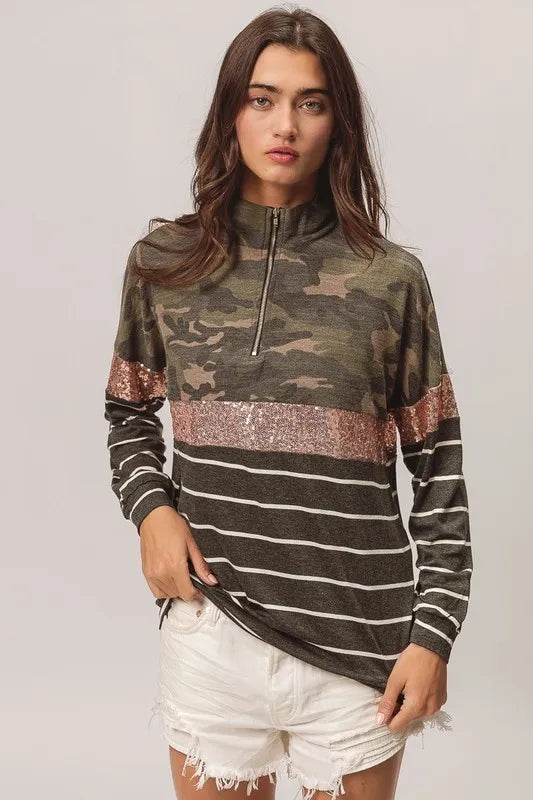 BiBi Camouflage French Terry Knit Top - Brittney MADE
