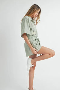 MABLE Embroidered Button Down Collared Neck Romper - Brittney MADE