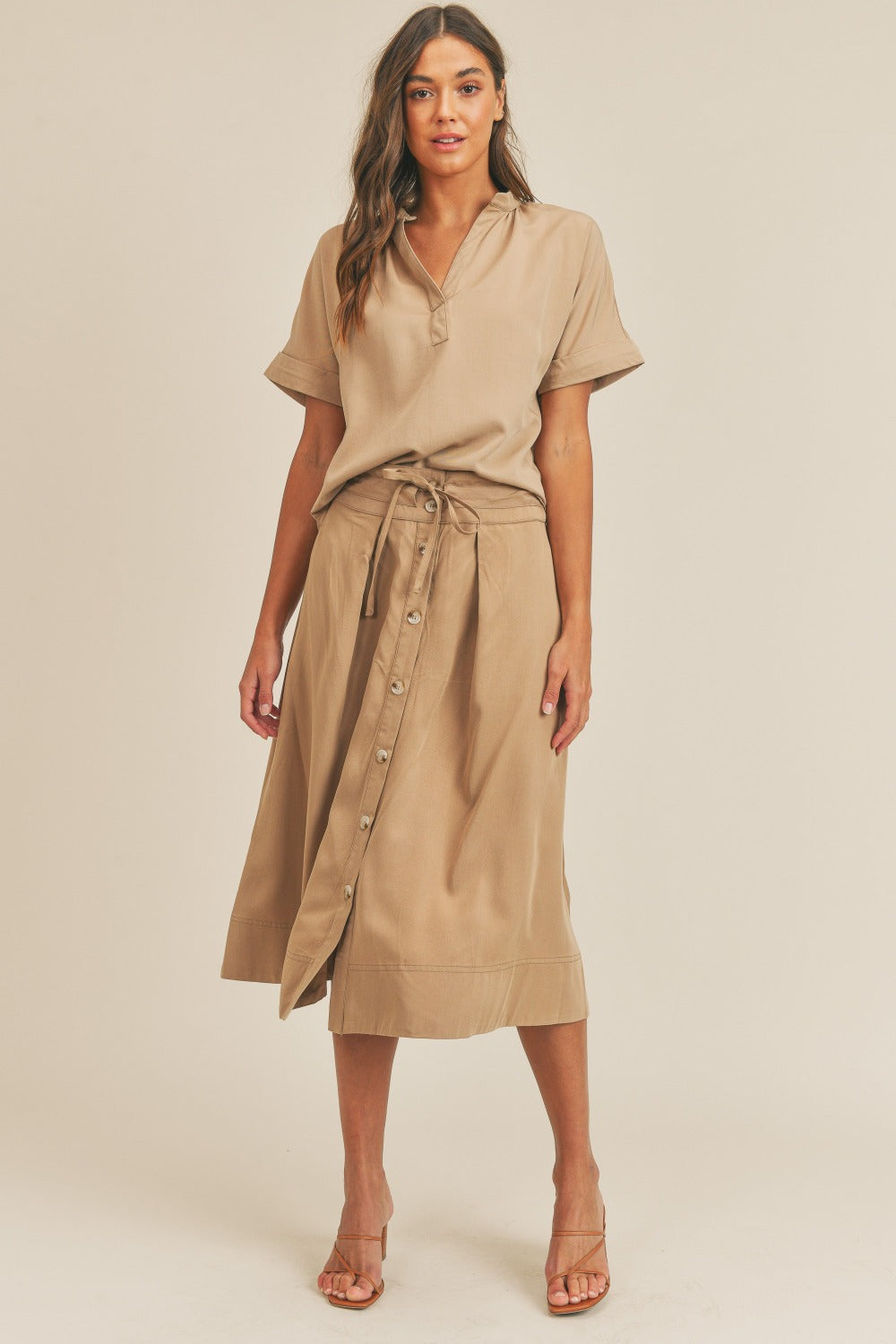 MABLE Short Sleeve Top and Button Down Midi Skirt Set - Brittney MADE