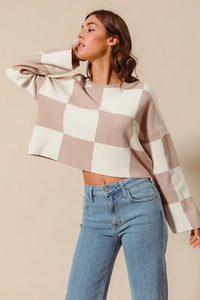 SO ME Checkered Crop Sweater with Bell Sleeves - Brittney MADE