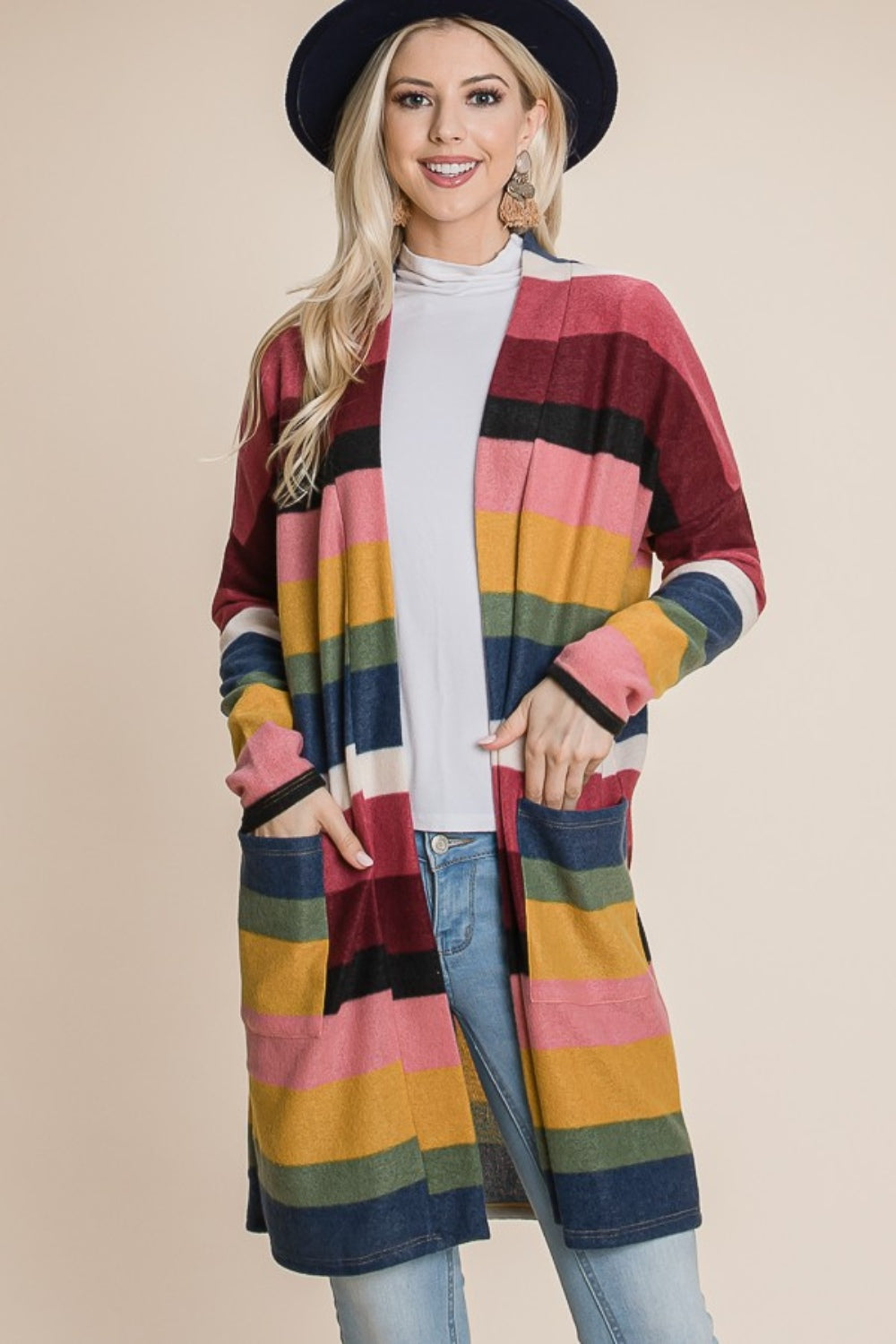BOMBOM Color Block Striped Open Front Cardigan - Brittney MADE