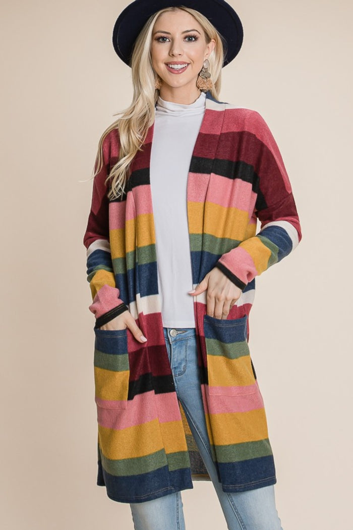 BOMBOM Color Block Striped Open Front Cardigan - Brittney MADE