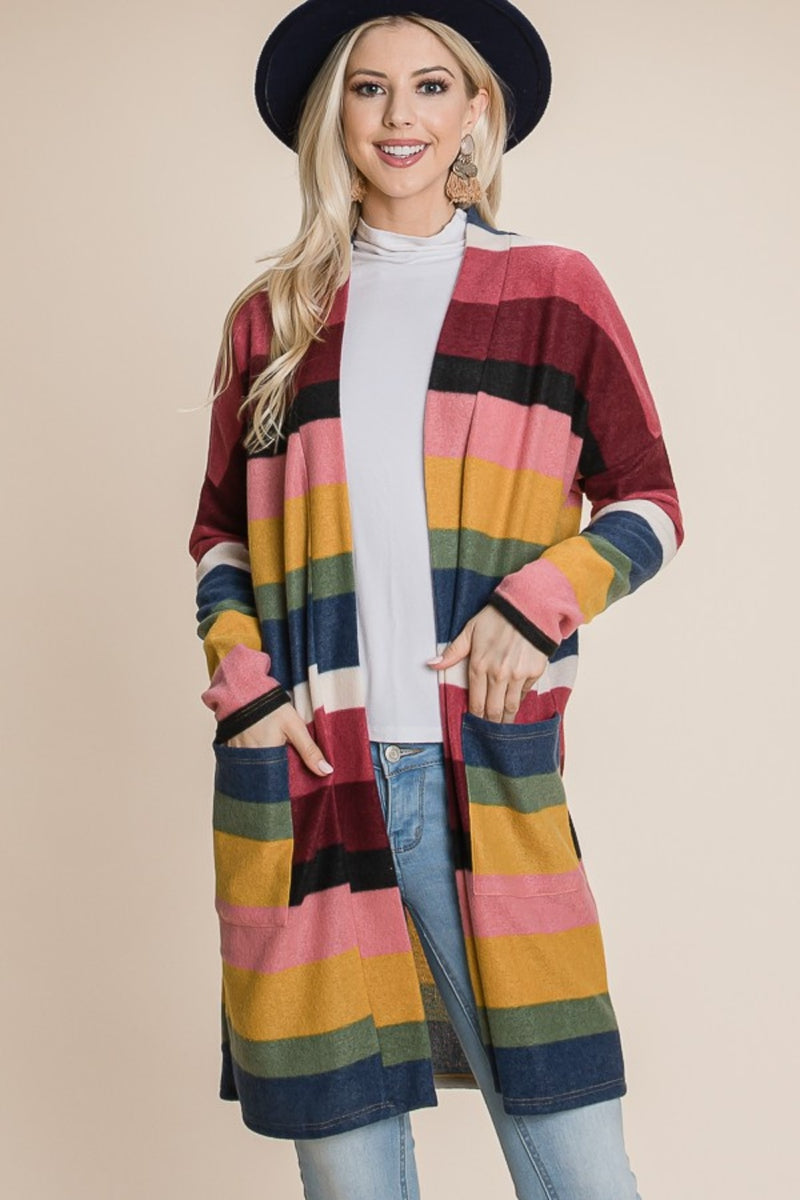 BOMBOM Color Block Striped Open Front Cardigan - Brittney MADE