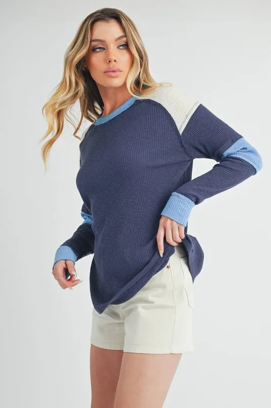Aemi + Co Raw Seam Color Block Round Neck Knit Top - Brittney MADE