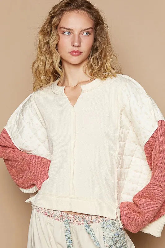 POL Waffle-Knit Contrast Notched Long Sleeve Knit Top - Brittney MADE