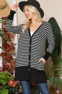 Celeste Full Size Striped Button Up Long Sleeve Cardigan Plus Size - Brittney MADE