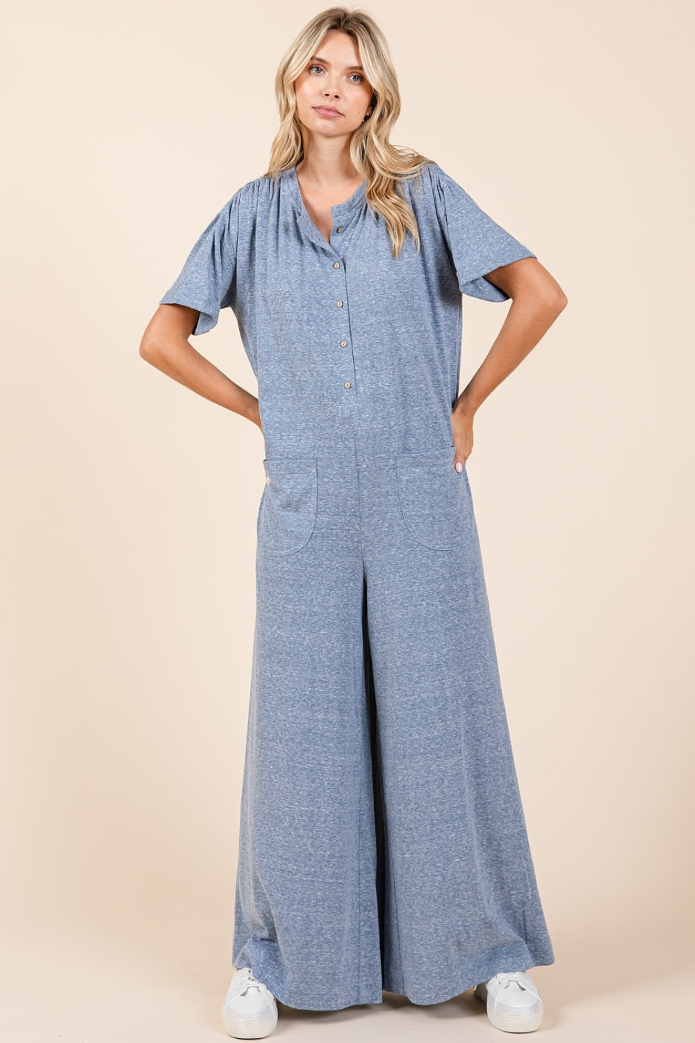 Mittoshop Button Detail Short Sleeve Wide Leg Jumpsuit - Brittney MADE