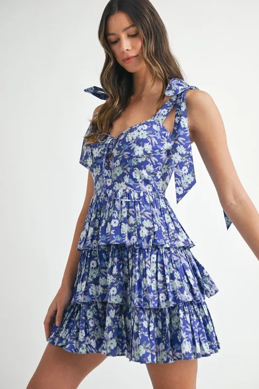 MABLE Floral Print Shoulder Tie Layered Mini Dress - Brittney MADE