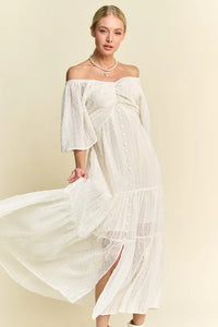 Davi & Dani Swiss Dotted Ruched Ruffle Open Back Midi Dress - Brittney MADE