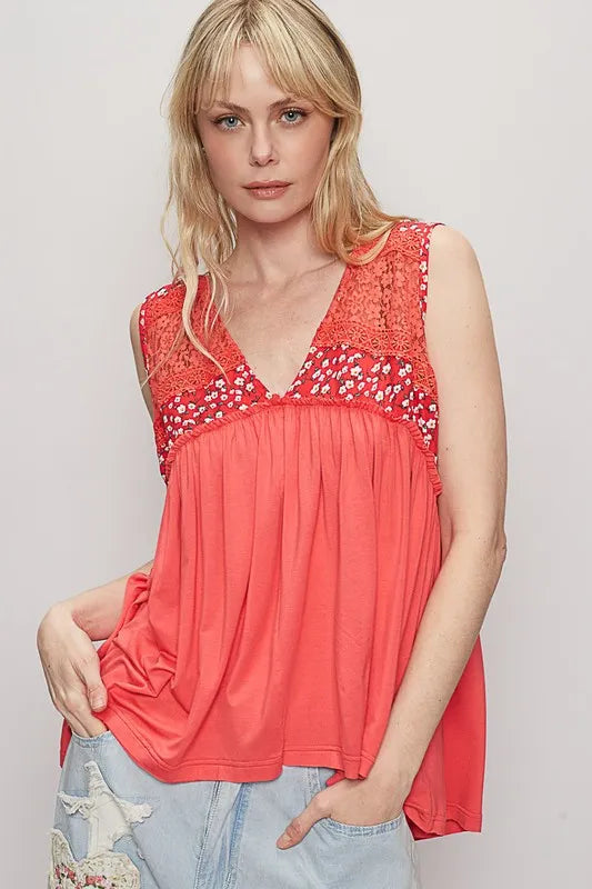 POL Lace Detail Frill Floral V-Neck Sleeveless Top - Brittney MADE