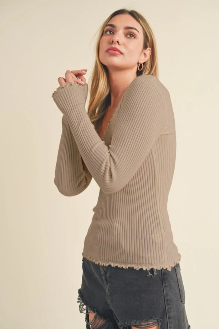 Aemi + Co Lettuce Hem Scoop Neck Long Sleeve Knit Top - Brittney MADE