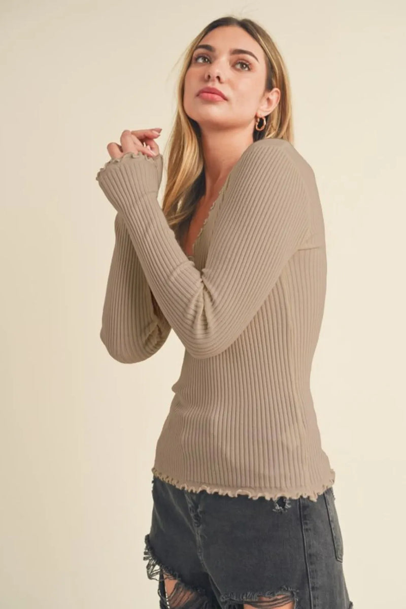 Aemi + Co Lettuce Hem Scoop Neck Long Sleeve Knit Top - Brittney MADE