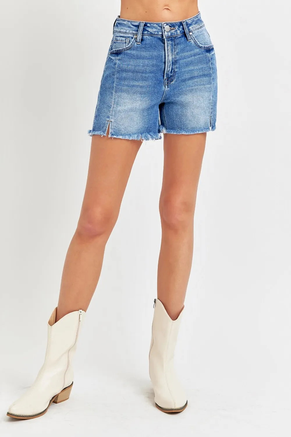 RISEN Front Slit Raw Hem Denim Shorts - Brittney MADE